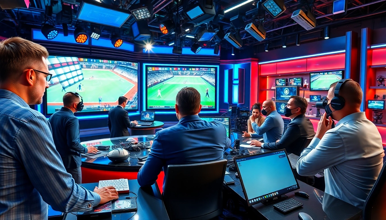 Broadcasting professionals collaborating in a vibrant sports broadcasting studio.