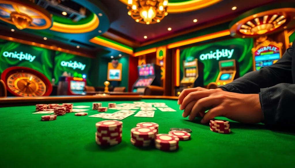 Enjoying an exhilarating game of poker with onicplay chips and cards on the table.