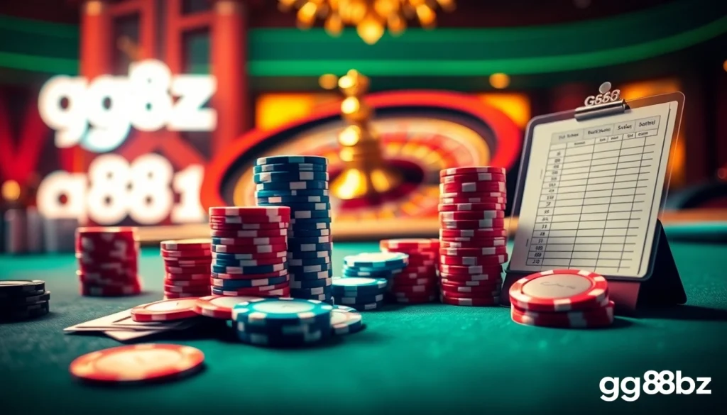 Engaging scene featuring gg88bz casino table with exciting poker chips and cards for gamblers.